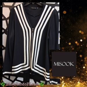BOUTIQUE: Misook Black & White Zippered V-Neck Cardigan Sweater 1X * RARE FIND *